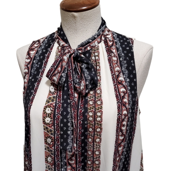 1.State Tie Neck Striped Boho Printed Sleeveless Swing Shift Dress Chalk S - Picture 2 of 12